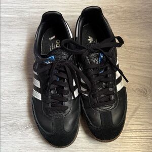 Adidas Women’s Black Samba Leather Sneakers with White Stripes